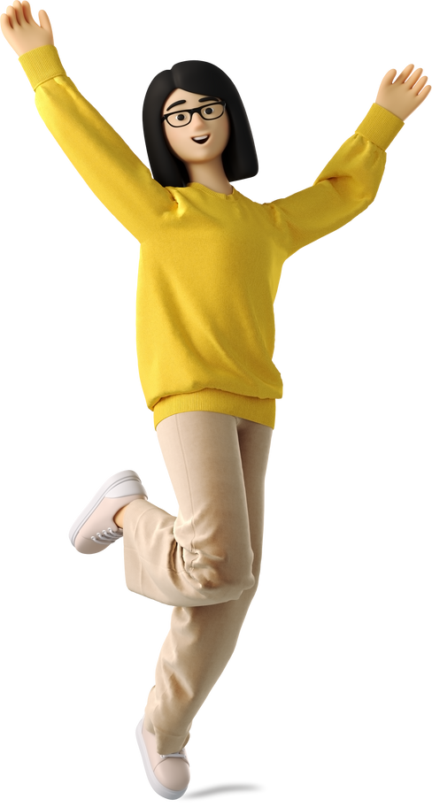 Woman wearing a yellow shirt, jumping with her hands up